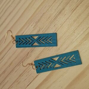 Teal Geometricrectangle Wood  Earrings